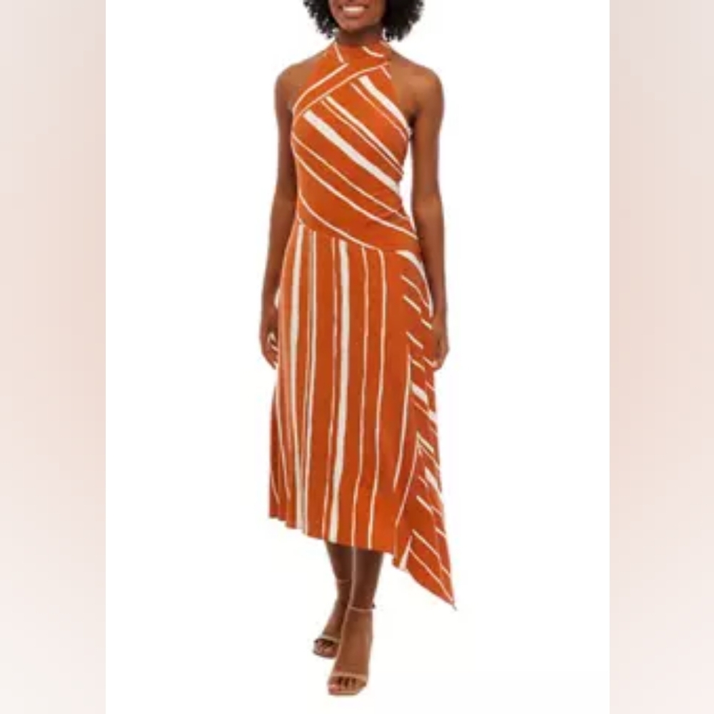 Taylor - Women's Sleeveless Halter Stripe Asymmetrical Midi Dress - Sz 10